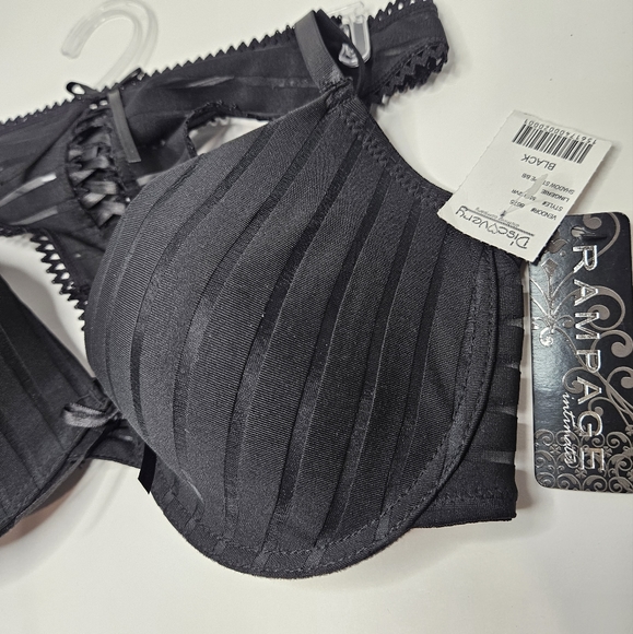 Rampage Intimates 2 Piece Set 34C/M Black Bra Underwear Panty Thong NEW - Picture 10 of 17